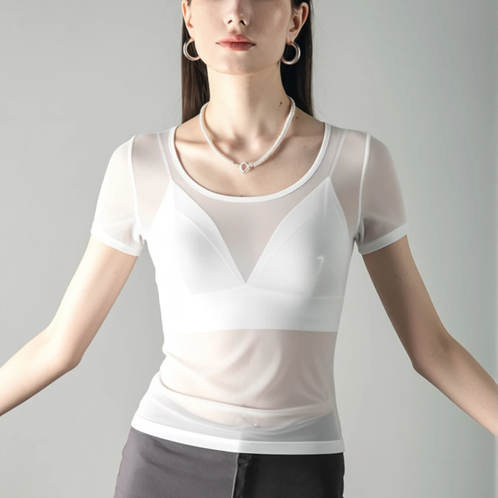 Fashion Transparent Black White Mesh T Shirt Womens Sexy S-XL Size O Neck Blouses Ladies Shirts Tops Gauze Aesthetic Clothes