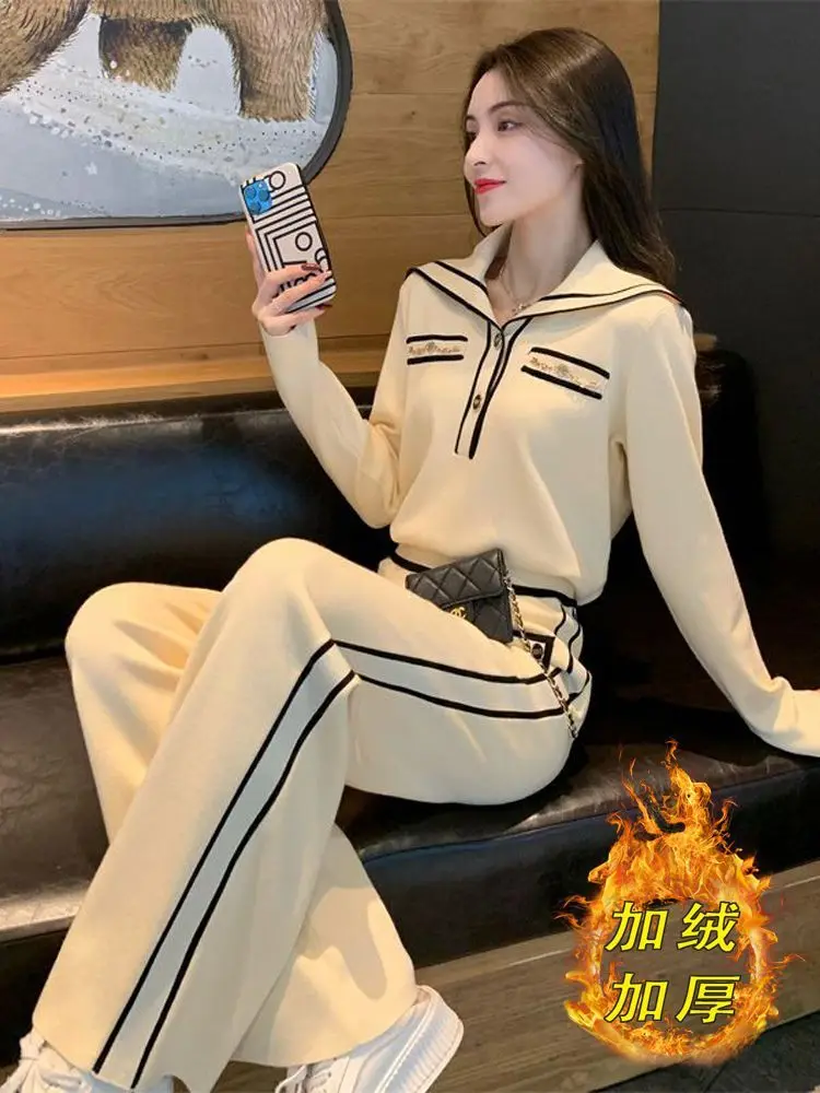 

Женский осенне-зимний новый элегантный комплект из двух предметов, модный возрастной темно-синий пуловер с воротником + комплект прямых брюк