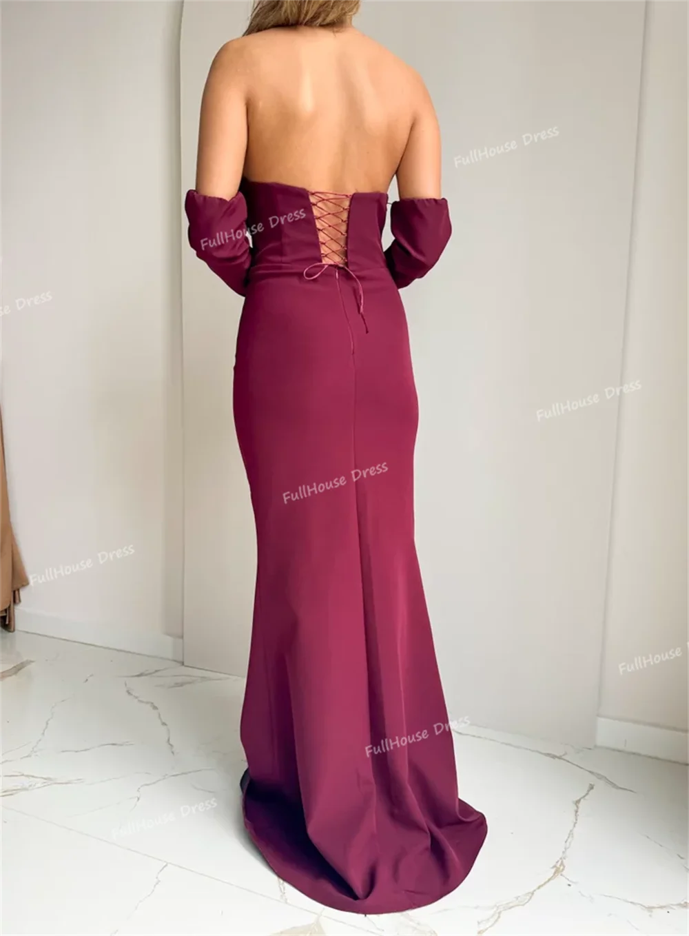 Custom Made Classic Boat Collar Pleated 3/4 Sleeve Sheath Evening Gown Lace up Back Long Party Dress with Train robes de soirée