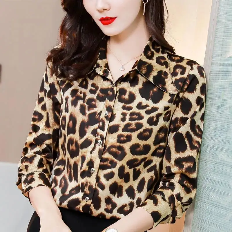 

Stylish Printed Lapel Button All-match Leopard Shirt Women's Clothing 2023 Spring New Oversized Casual Tops Office Lady Blouse