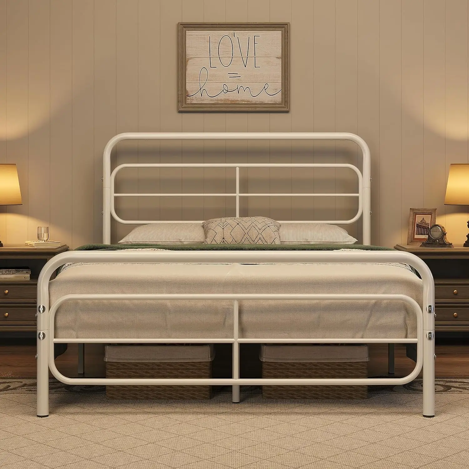 

Каркас кровати размера «queen-size» Кровать на металлической платформе с современным изголовьем с геометрическим рисунком, легко собирается, 13-дюймовое хранилище под кроватью, без коробки