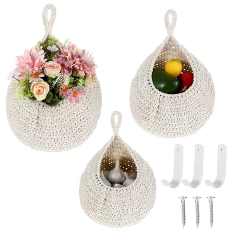 

3 Pack Hanging Storage Baskets in White Cotton Rope Handwoven Wall Mounted Organizers in Large Medium and Small Sizes for Kitch