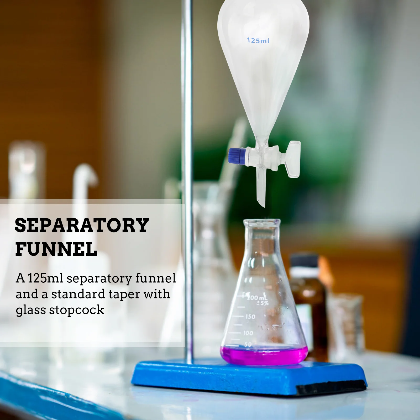 Imagem -02 - Frasco de Suporte com Juntas e Plugue Ptfe: 250ml Funil de Separação de Vidro Graduado Funil de Separação Cônico de Parede Pesada Laboratório