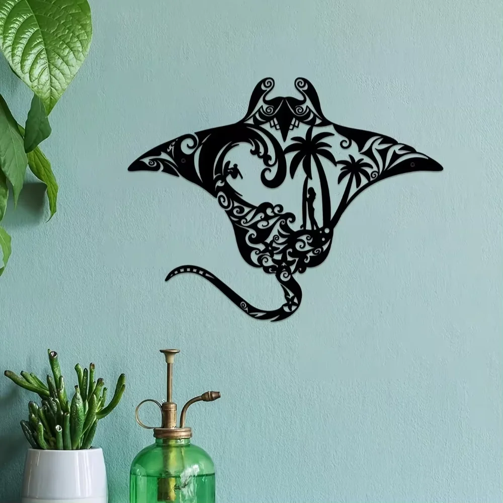 Arte de pared de Manta Ray de Metal con encanto costero, decoración temática de playa con tabla de surf, olas, estrella de mar y silueta de palma para sala de estar
