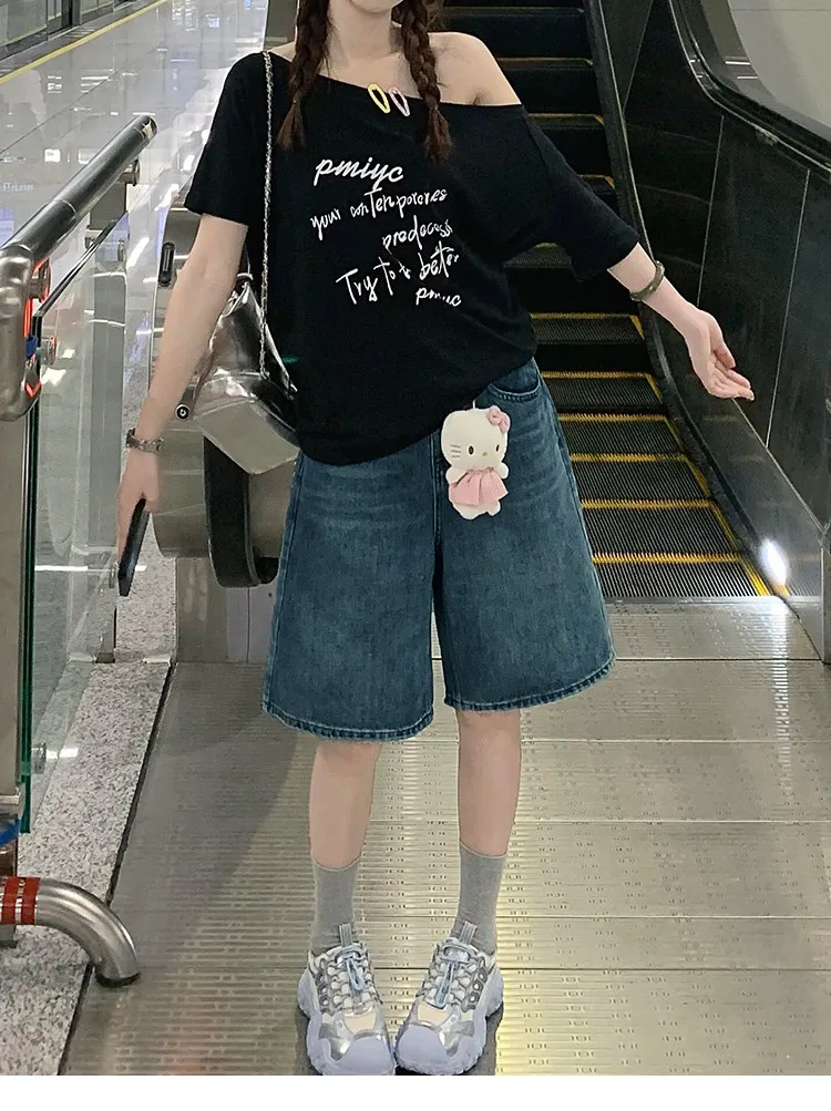 Retro Blue Straight Leg Denim Shorts High Waist Wide Leg Five-Point Jeans for Pear Shaped plus Size Women Summer New Style