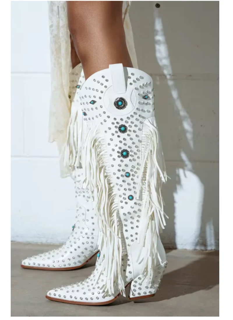 White Leather Stiletto-Heeled Knee-High Boots Rhinestone Embellishments and Chunky Heels Women's Cowboy Boots