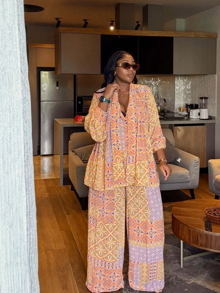 Women Floral Print Two Piece Outfit Lapel Long Sleeve Loose Shirt Elastic Waist Wide Pants Female Summer Casual Vacation Suit