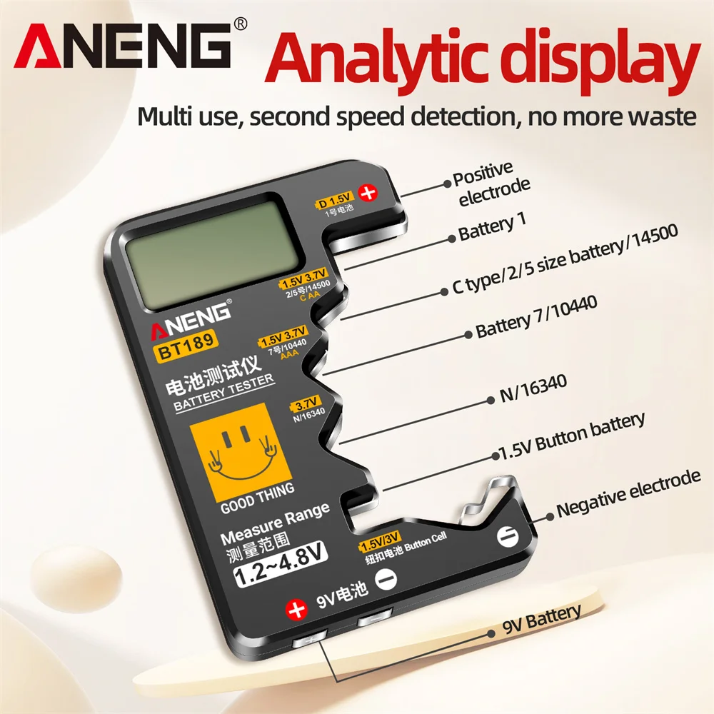 ANENG BT189 Battery 9V N D C AA AAA Battery Tester Power Bank Detectors Tools Tester Universal Household LCD Display