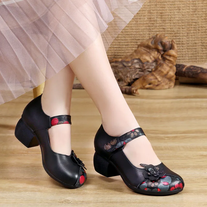Comfortable Leather Women's Shoes with Thick Heels Soft Bottom National Style Spring Autumn New Style Mom Shoes Middle Aged A...