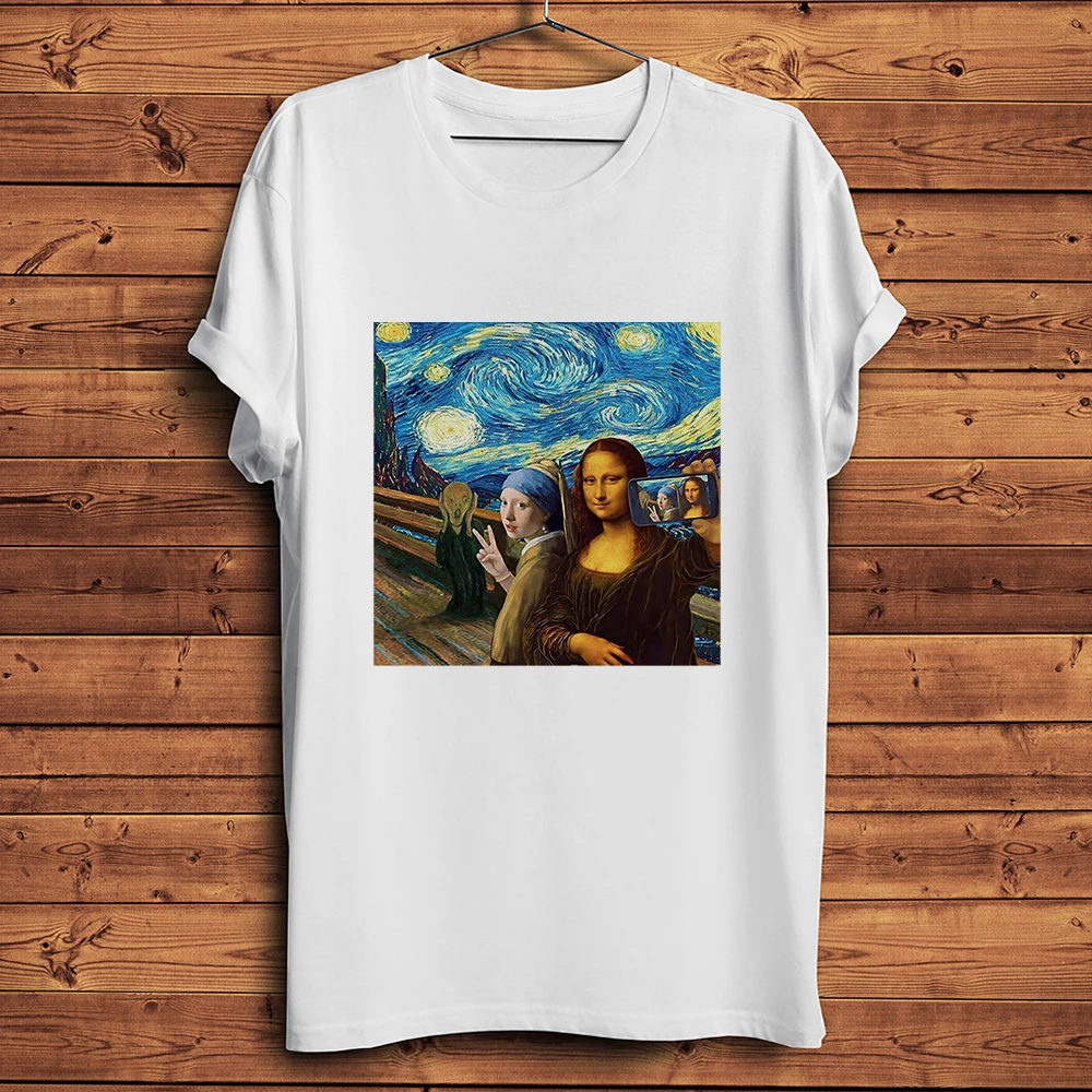 Mona Lisa Skrik Selfie in Starry Night,Funny Artistic T-shirt,Short Sleeve White Casual Tshirt,Unisex Tee,no-cracking Print