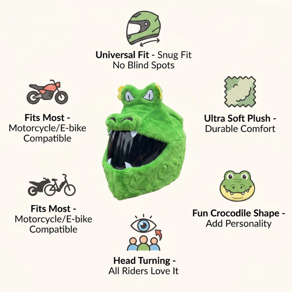 

Motorcycle helmet cover, green crocodile cartoon plush helmet cover