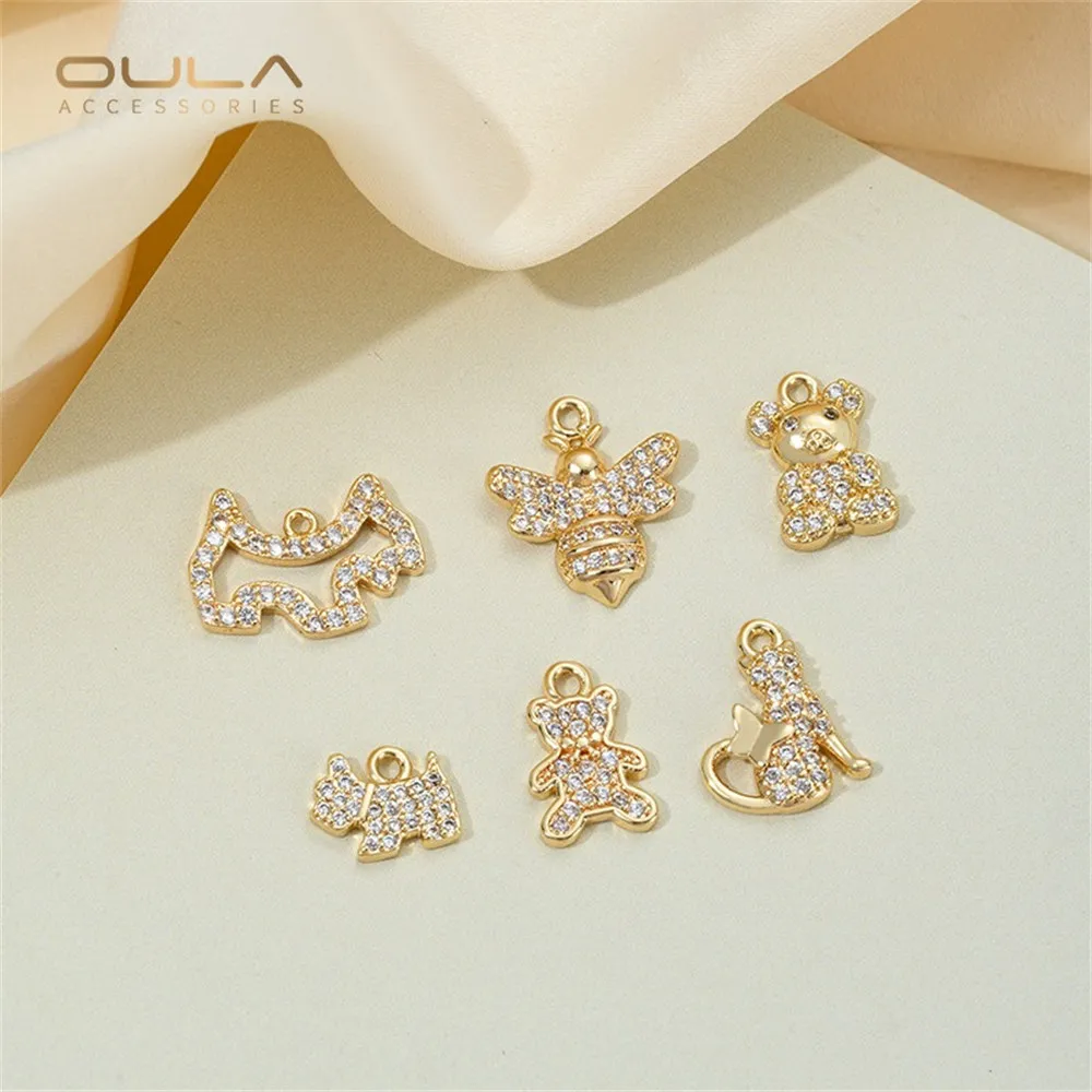 

1pcs 14K Gold-plated Cartoon Dog, Cat, Bear, Bee Pendant, Zircon Diy Animal Series Handcrafted Pendant