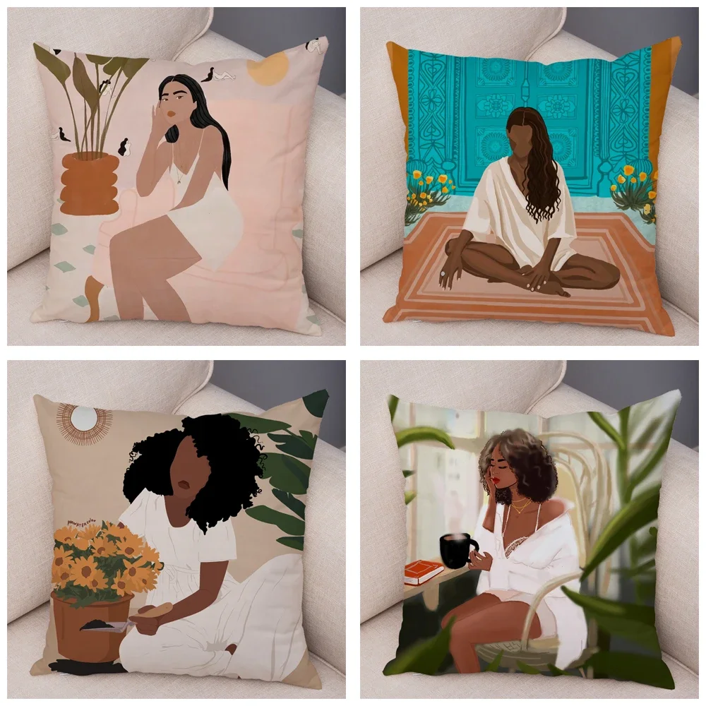 

Black Africa Girl Art Pillow Case Decor Cartoon Geometric Beautiful Women Cushion Cover for Sofa Car Home Soft Plush Pillowcase