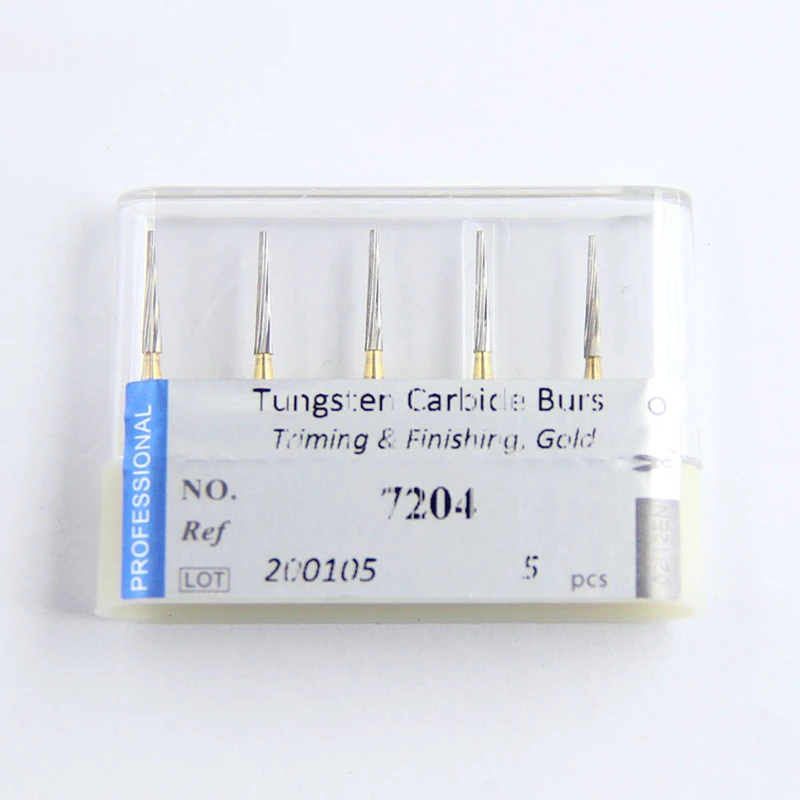 Fresas dentales de carburo de tungsteno, 5 piezas, acabado de recorte FG 7204, extremo plano, cónico, rectificado de odontología, suministros para dentistas