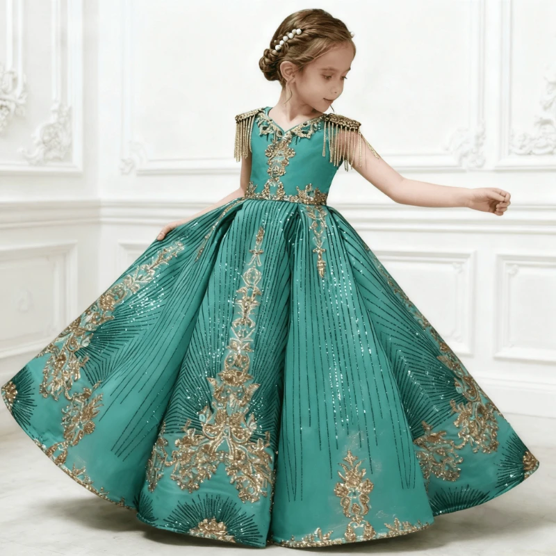 Green V Neck Embroidered Ball Gown Puffy Dress for Children Performance Pageant Formal Celebration Elegant Host Fashion Show