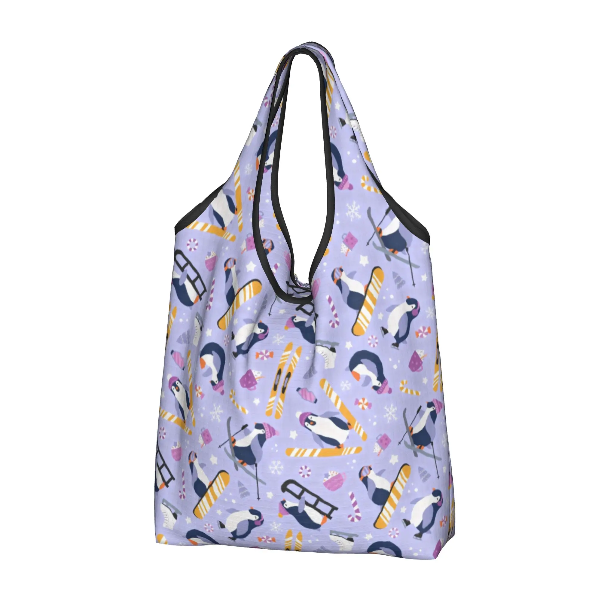 Funny Penguins Practicing Winter Sports  Shopping Tote Bag Portable Indigo And Yellow  Groceries Shoulder Shopper Bag