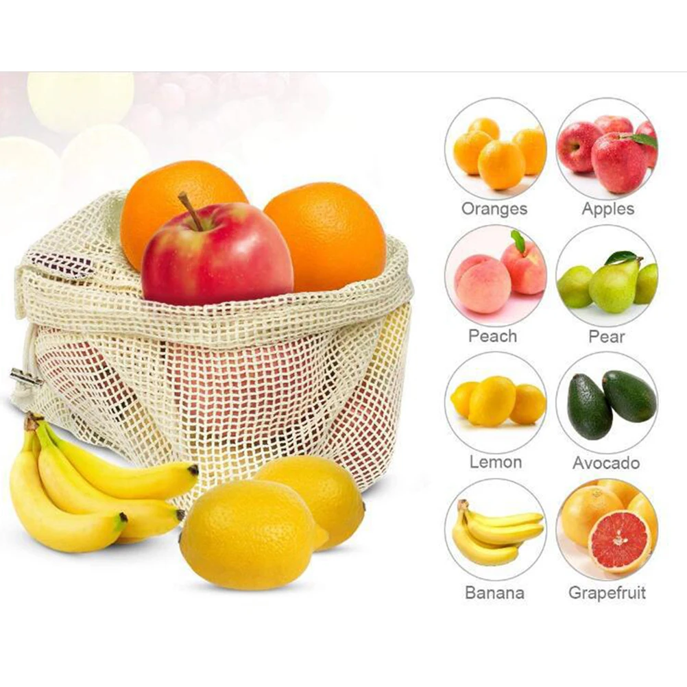 

3 pcs Mesh Reusable Organic Vegetable Fruit Drawstring Grocery Produce Food Organization Pouches Sustainable Fruits Vegetables