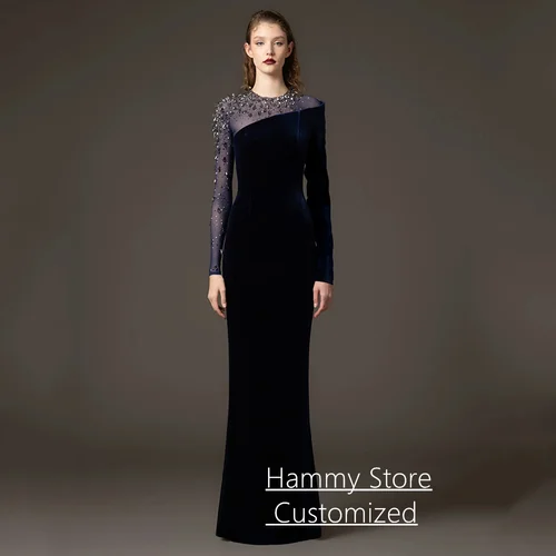 Vestido de noche de moda personalizado, mangas largas, cuello redondo, cristales, cuentas, largo hasta el suelo, ocasión especial, vestido de fiesta saudí