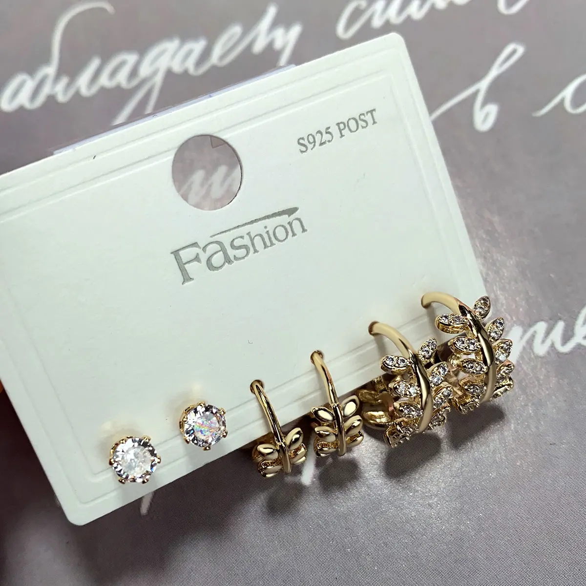 3Pair/set Gold Color Leaves Circle Hoop Earrings Set  for Women Exquisite Crystal CZ Studs Earrings Wedding Party Jewelry Gift