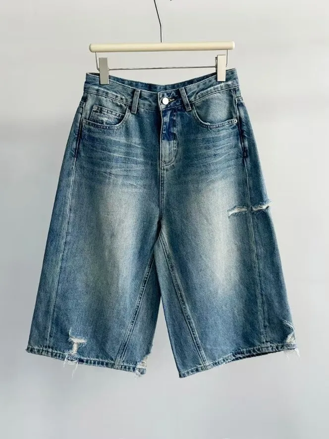 East Gate 2026 New Vintage Versatile Hole Wide Leg Denim Jeans Five-Point Pants Mid-Calf Retro Style Daily Wear Cotton Fabric