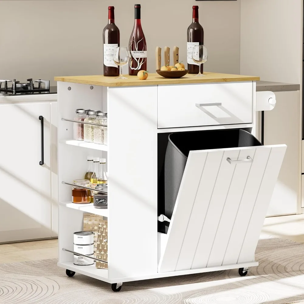 

Rolling Kitchen Island with Trash Can Storage, Portable Kitchen Island on Wheels with Towel Rack & Spice Rack, Tilt Out Trash