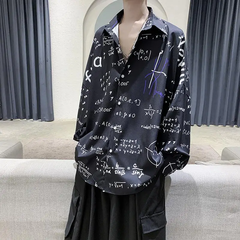 Streetwear Street Casual Mann koreanische lose Tops Turn-Down-Kragen schöne Druck knopf Hemden Langarm Herren bekleidung