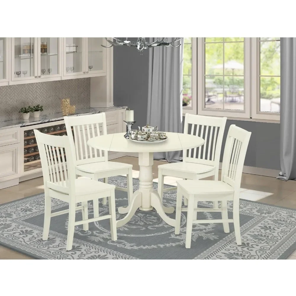 5 Piece Set Includes a Round Dining Room Table with Dropleaf and 4 Kitchen Chairs, 42x42 Inch, Table and Chair Set