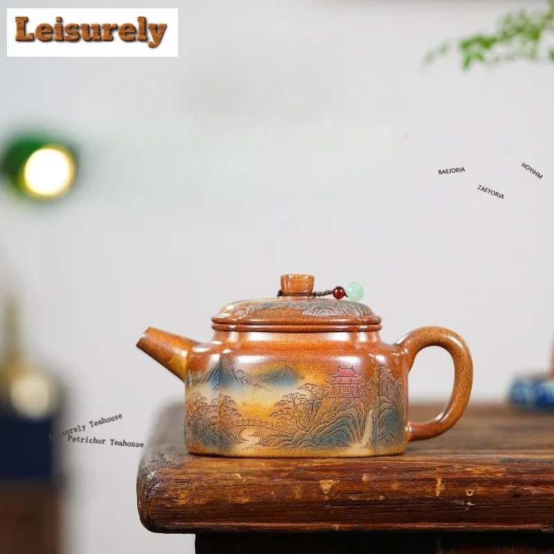 420ml Traditional Yixing Purple Clay Teapots Handmade Square Dezhong Pot Raw Ore Section Mud Tea Infuser Kettle Zisha Tea Set