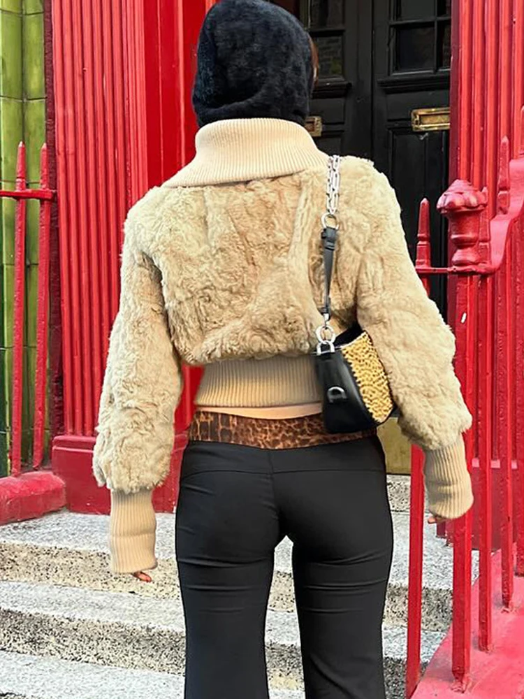 BKQU-Chaqueta cálida de piel sintética para mujer, abrigo corto ajustado a la moda con cuello vuelto y una hilera de botones, ropa de calle Y2K 2024