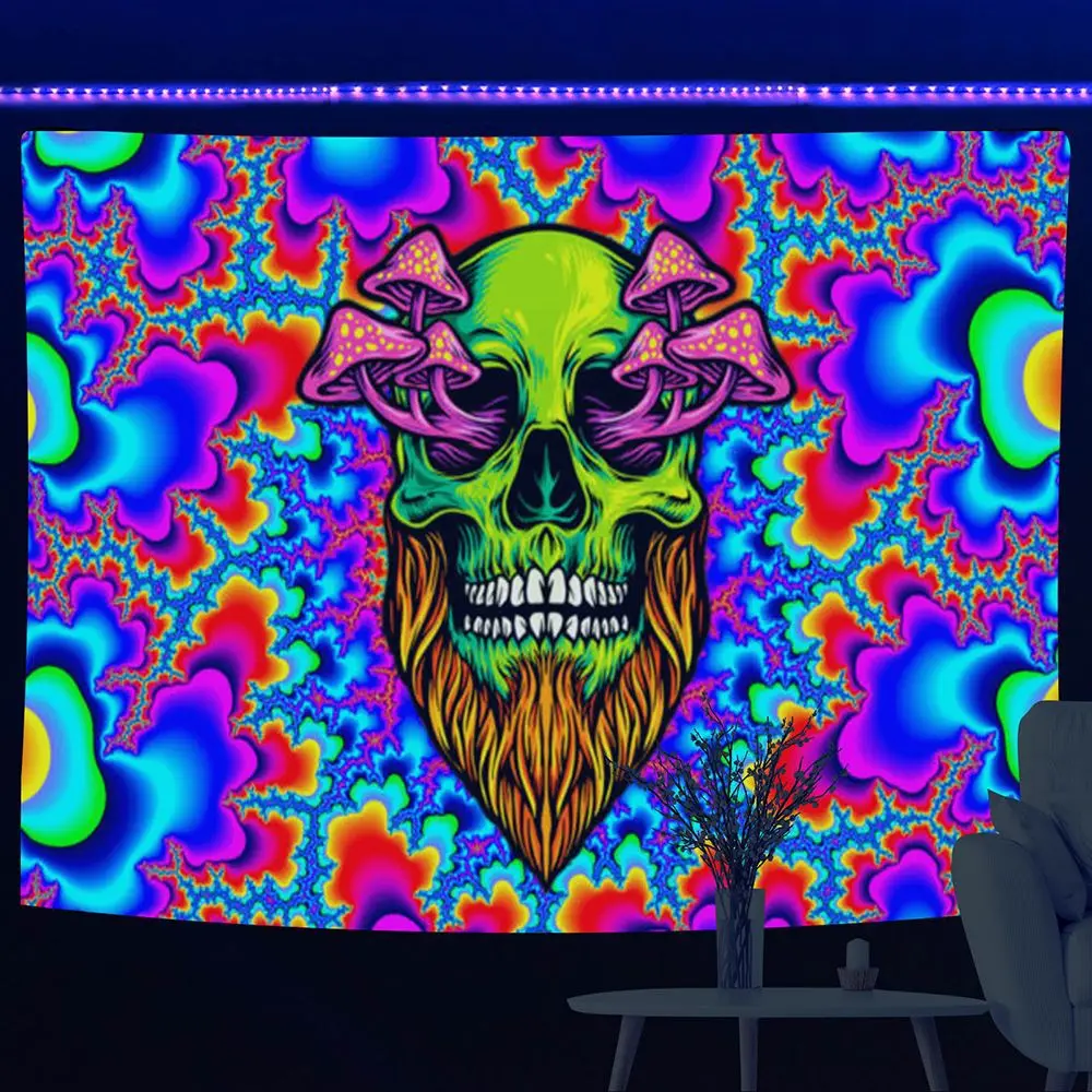 아프리카 흑인 여성 형광 태피스트리 황금 태양 달 벽 교수형 환각 Trippy 해골 요술 태피스트리 침실