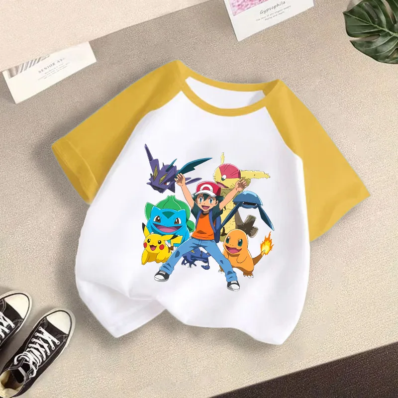 

Pokemon Children Shoulder T-shirts Cartoon Anime Printed Pikachu Figures Short Sleeves Tops Summer Clothes Kids Sport Tees Gift
