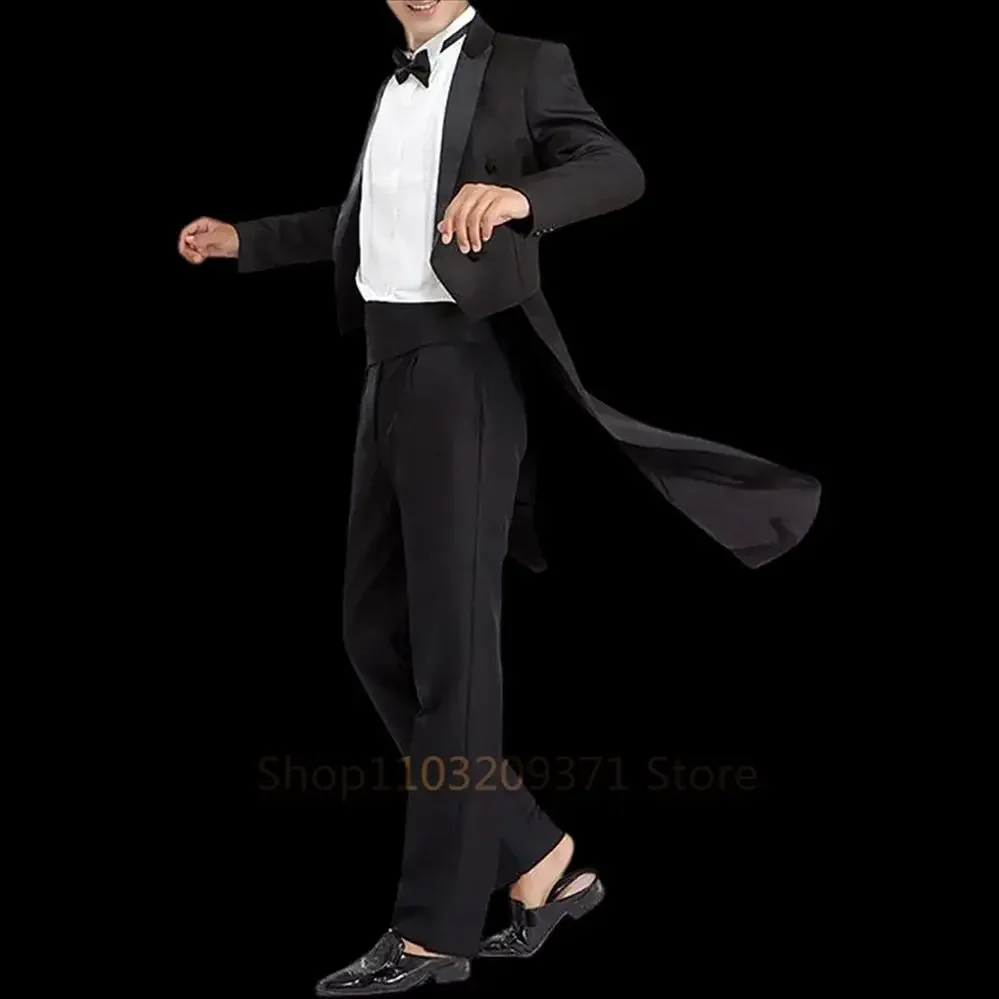 Mens Tuxedo Tailcoat Formal Dress Suits Swallow Tail Coat Black Male Jacket and Pants Party Wedding Dance Magic Performance