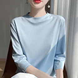 Summer Autumn New Cotton Cropped Sleeve T-shirt Women's Semi-High-Necked T-shirt Loose Sleeve Bottoming Shirt With Top Inside