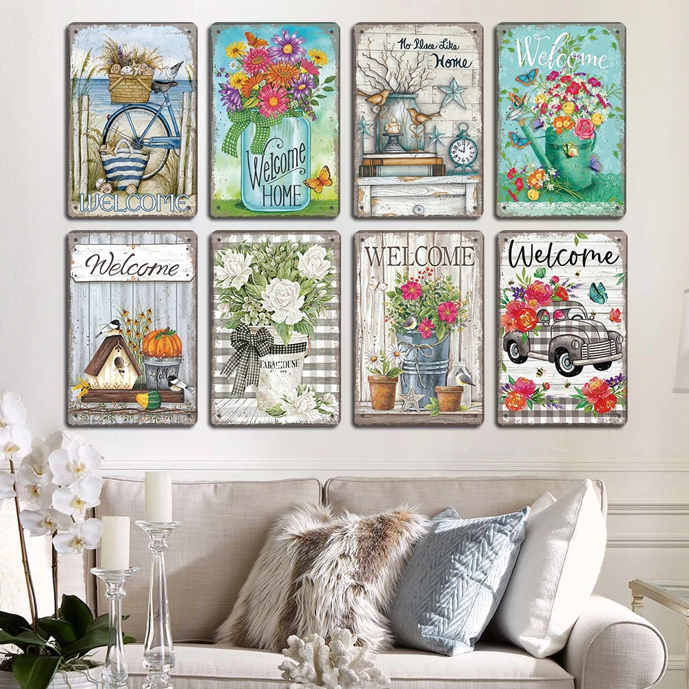 Vintage Welcome Poster Metal Tin Signs Flowers Birds Car Metal Plaque Wall Decor for Cafe Home Garden Farm Beach Hut