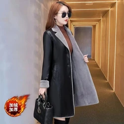 Autumn And Winter Big Fur Collar Solid Color Leather Women Plus Velvet Thickening In The Long Korean Version Of The Slim Waist