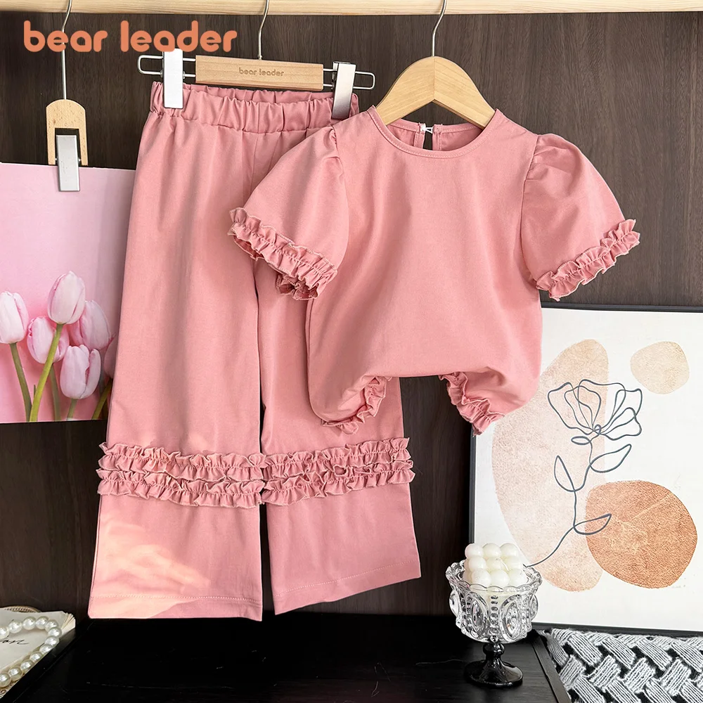 Bear Leader Pink Sweet Girls Clothes Summer New Korean Version Children\'s Set Splicing Pleated Short Sleeved Top+Pants 2Pcs