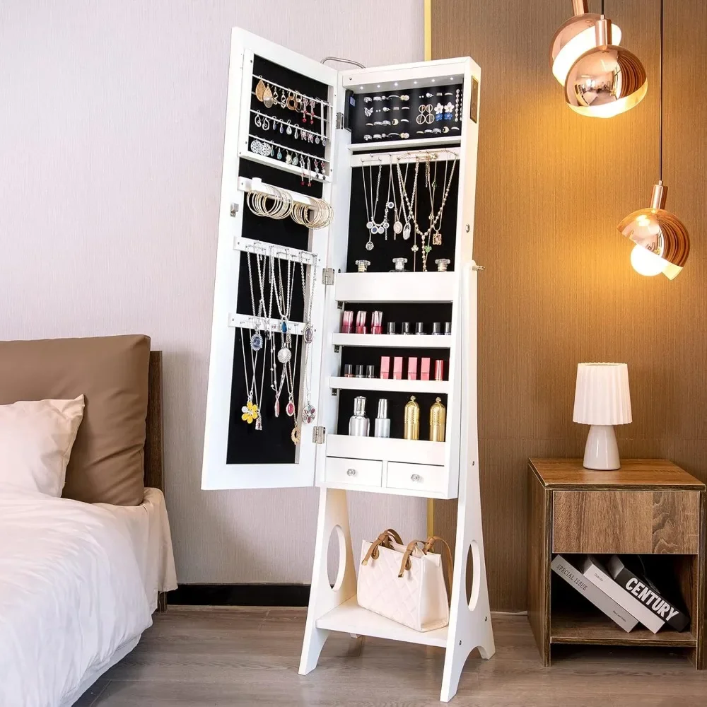 Armoire à bijoux sur pied avec miroir pleine longueur 4.2, armoire à bijoux debout avec serrure magnétique, miroir de rangement blanc