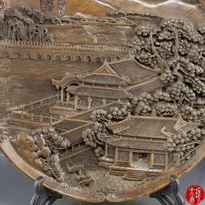 Exquisite snowflake jade carving Buddhist Pavilion decorative plate