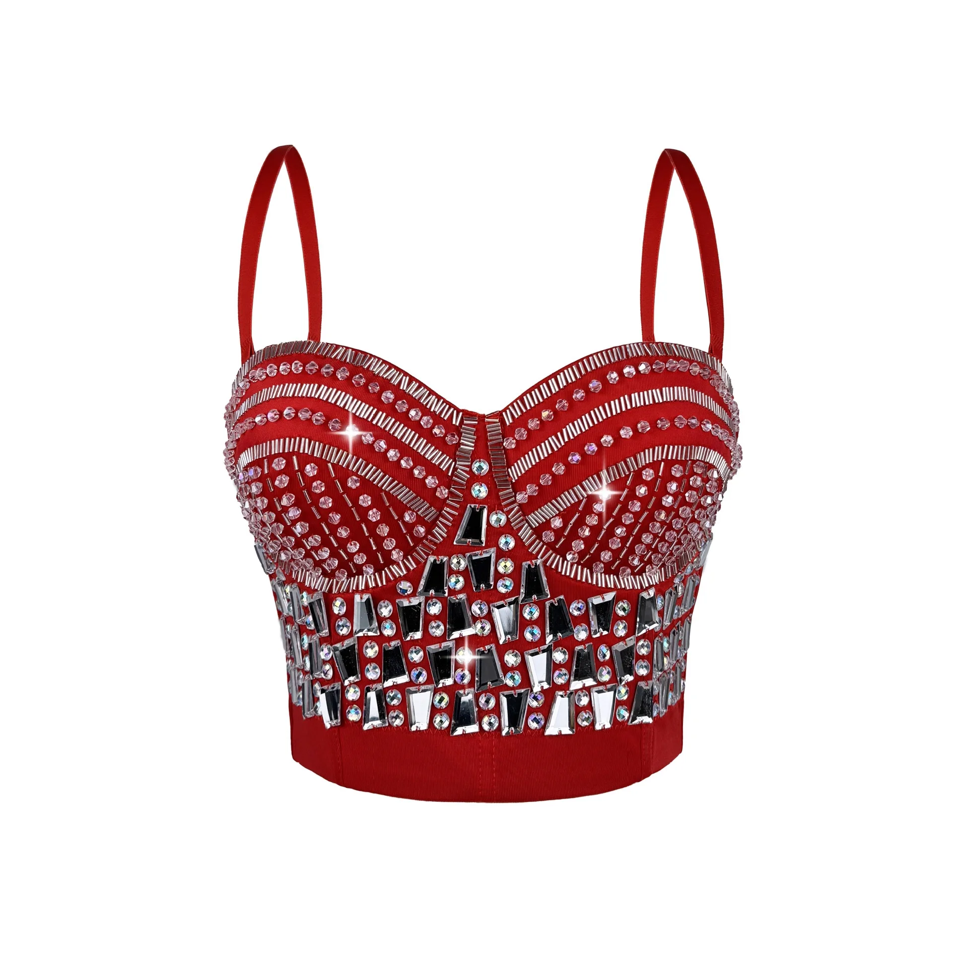 Performance Bustier with Rhinestones & Beads, Sheer Corset Bra for Dance Party, Sexy Glitter Camisole for Women, Stage Showwear