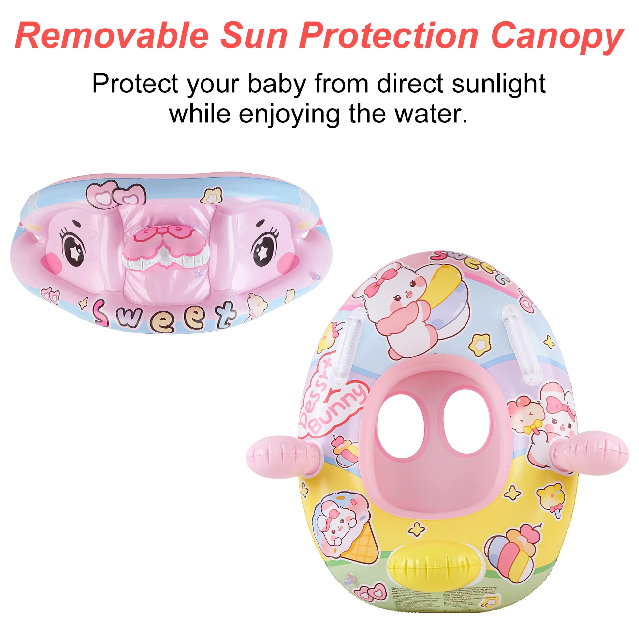 Tumbona inflable con sombrilla rosa de conejito bonito, anillo de natación con reposabrazos esencial de verano para niños menores de 30KG, 1 ud.