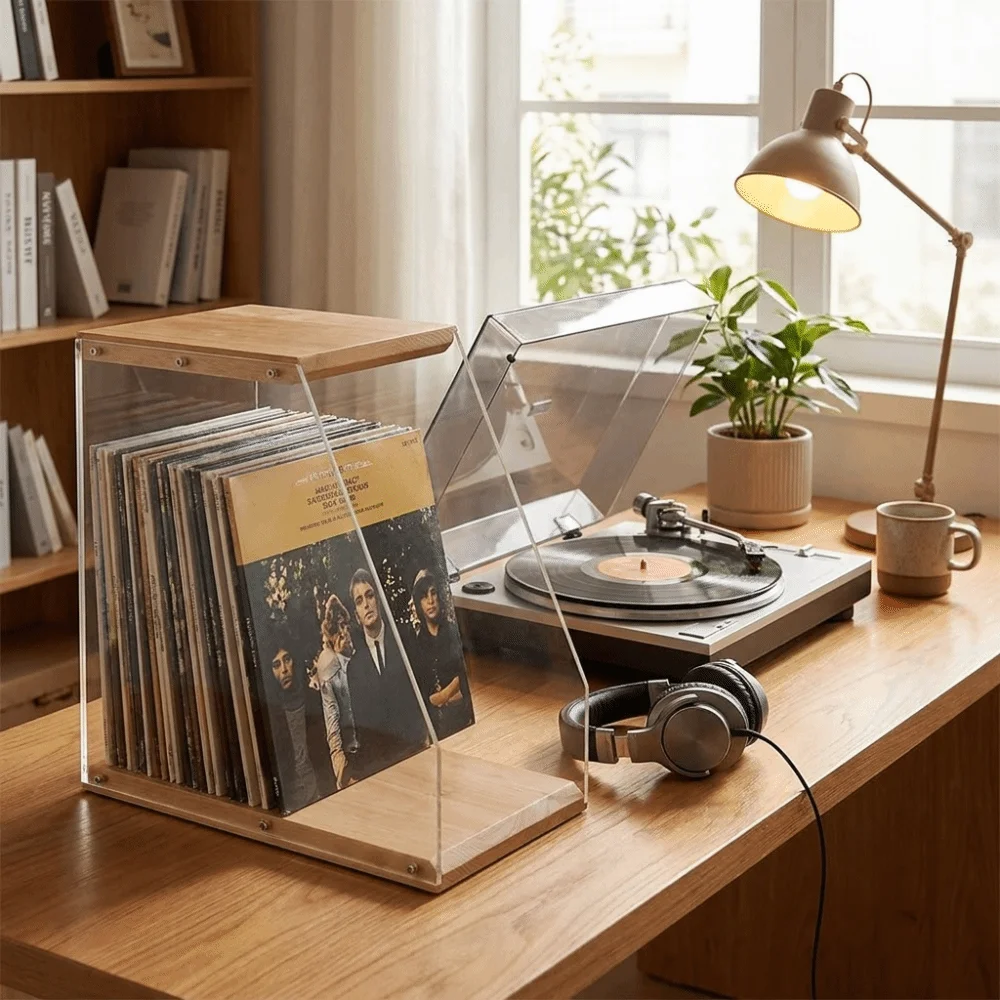 Solid Wood Wooden Record Holder Transparent Design Stable Structure Desktop Storage Rack Retro Minimalist Style Space-Saving