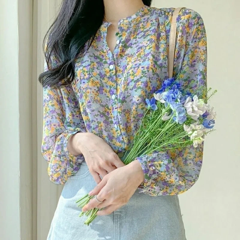 V Neck Floral Chiffon Shirt Tops Long Sleeve Temperament Printing Thin Loose Blouse Summer New Fashion Elegant Women Clothing