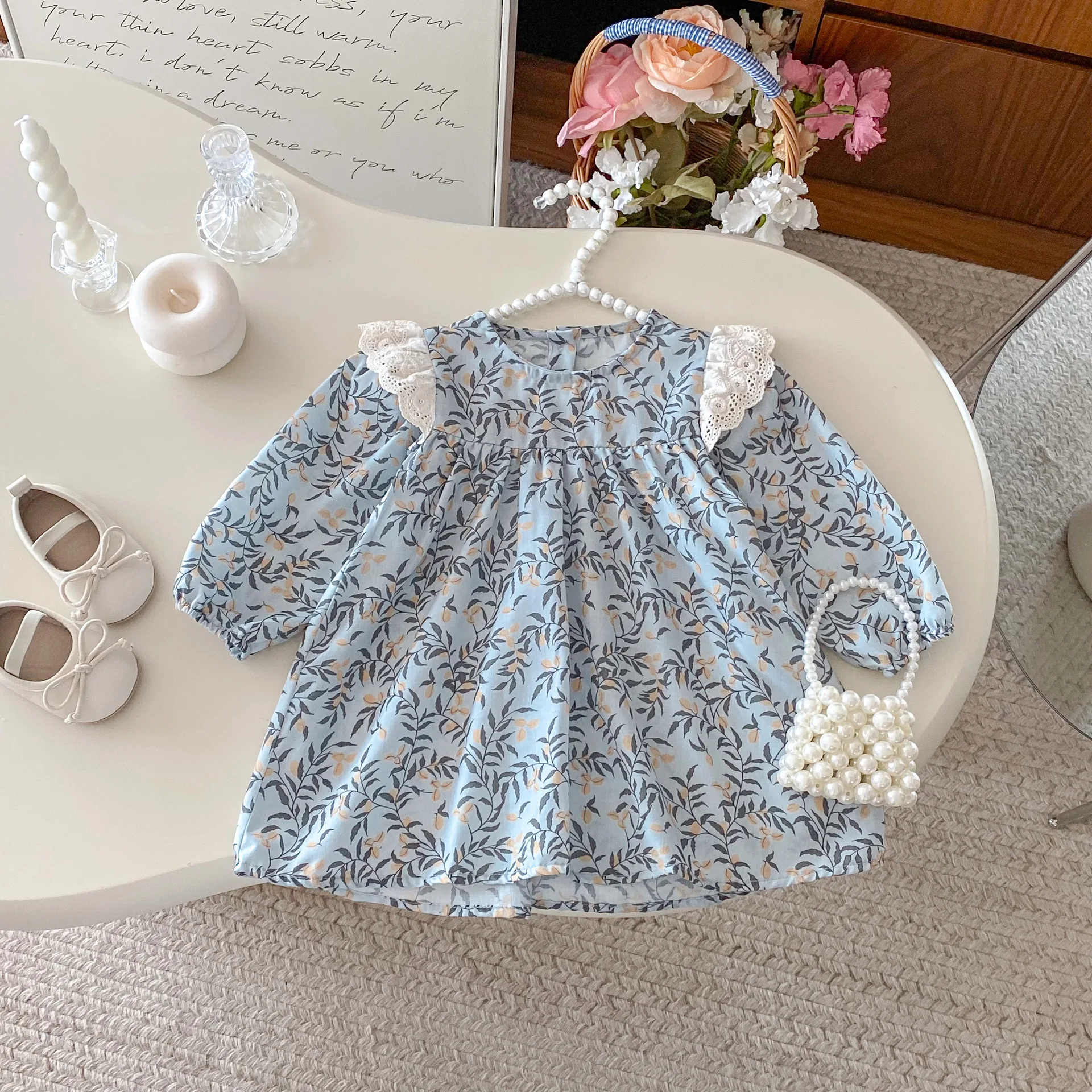 

Children's Autumn Dress Baby Girl Lace Splicing Long Sleeve Printed Dresses Casual Round Neck Loose A-line Princess Dress