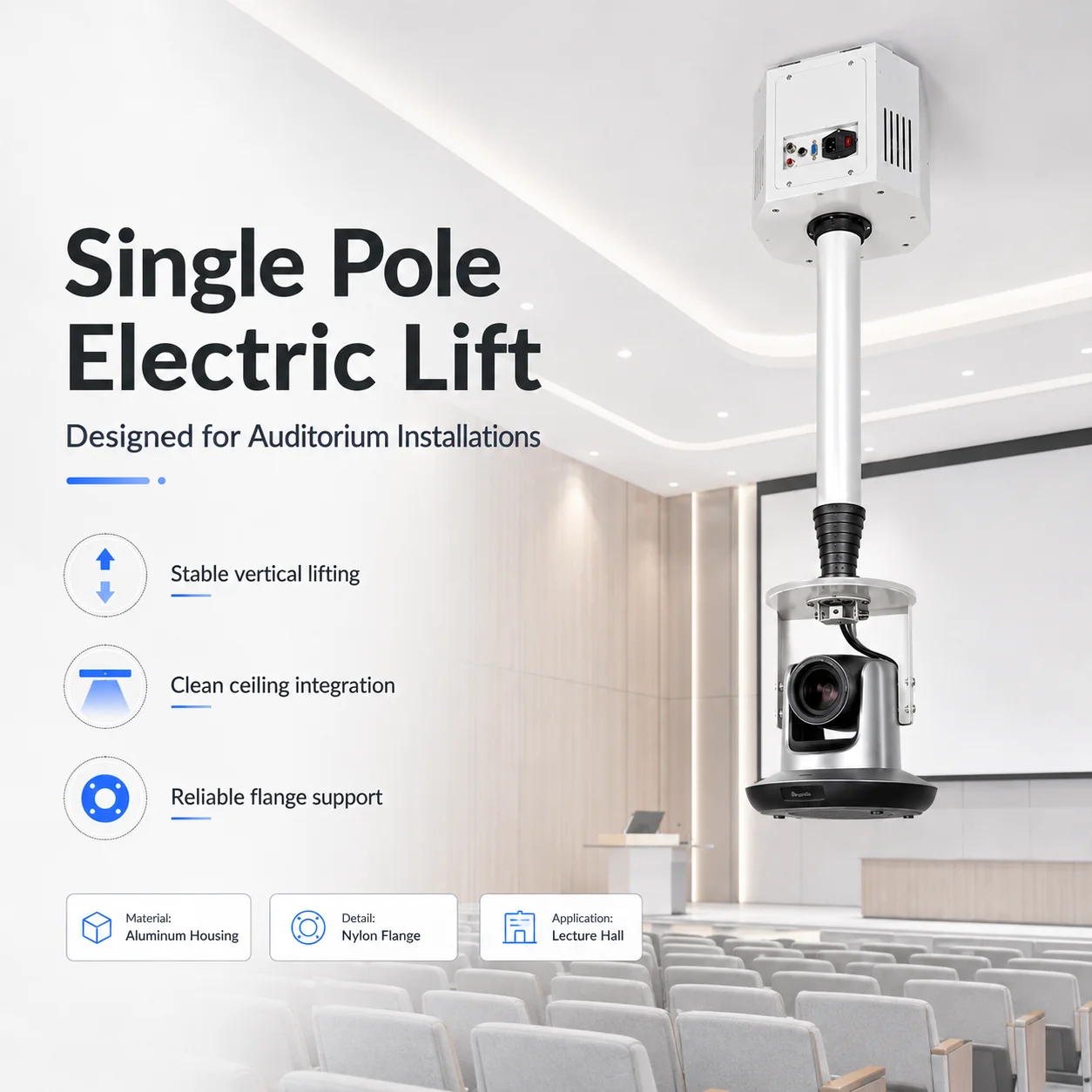 Electric Ceiling Mount Ultra-Silent RS485 Remote Control Single Pole Projector Lift for Classrooms