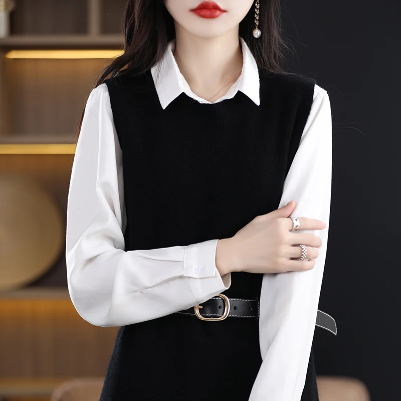 BELIARST 2023 Spring New 100% Merino Wool Dress Women\'s Round Neck Knitted Long Sweater Fashion Korean Sleeveless Wool Dress