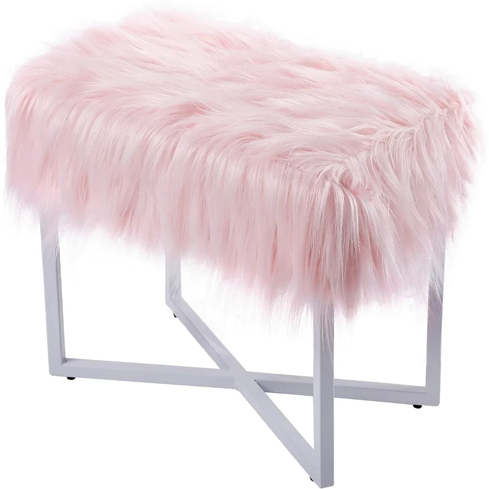 

Rectangular Faux Fur Vanity Stool Ottoman w/White Metal Legs - Small Fluffy Makeup Seat - Cute Foot Rest for Bedroom, Desk