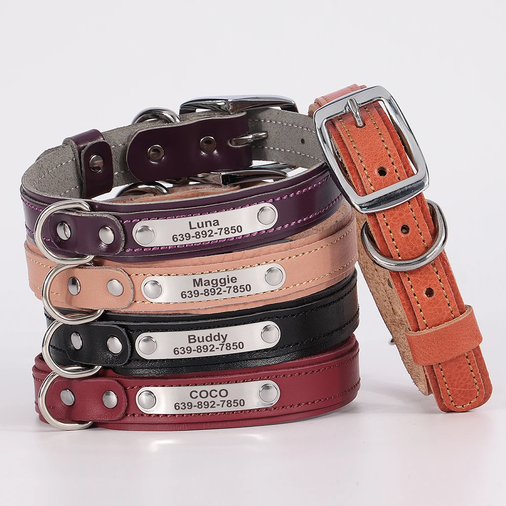 Customized Genuine Leather Dog Collar Soft ID Dogs Collars with Nameplate Free Engraving Name for Small Dogs Puppy Adjustable