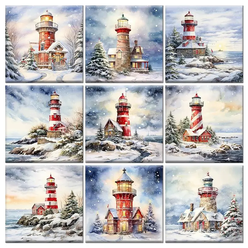 

GATYZTORY 5D DIY Winter Diamond Painting Full Square Drill Mosaic Embroidery Lighthouse Scenery Home Decoration Wall Decor