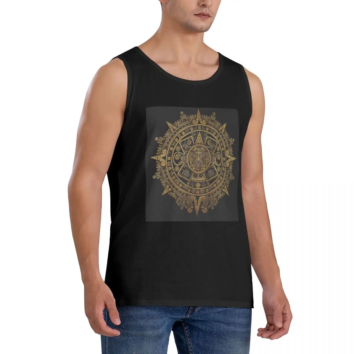 100% Cotton Aztec Calendar Sleeveless T-Shirt Men Workout Sports Clothing Tops Men's Crew Neck Vest