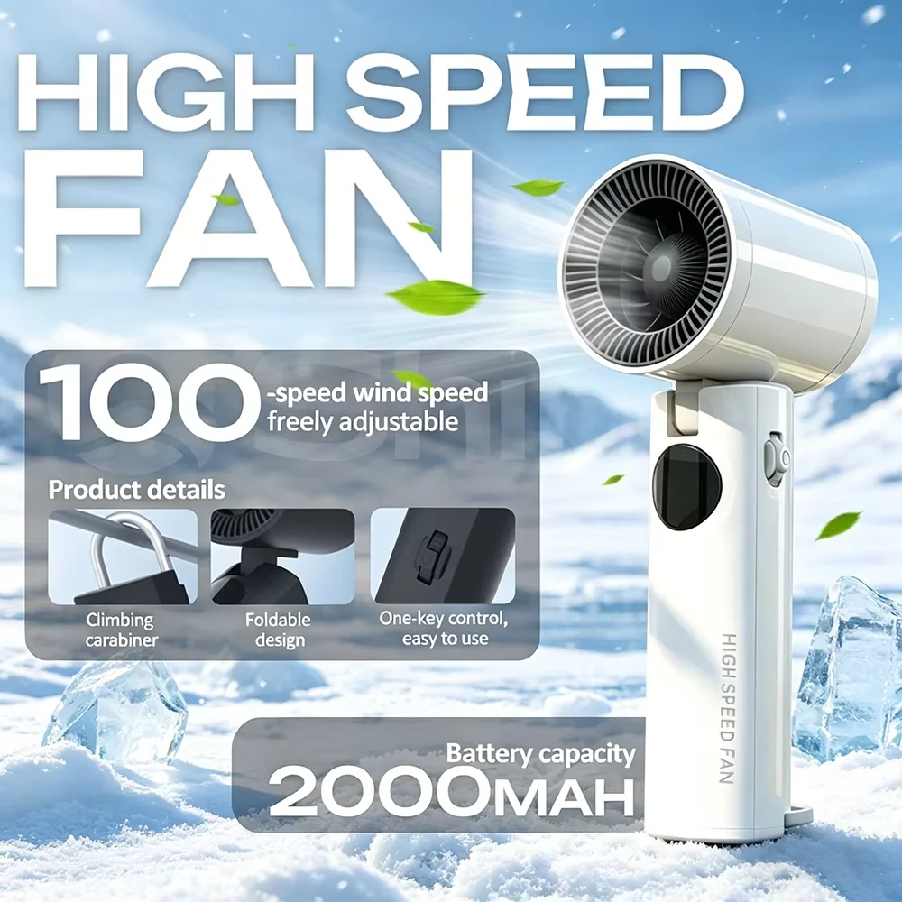 100-Level Handheld Fan with LED Display, 2000mAh Rechargeable Mini Fan, Carabiner Clip for Backpack, Portable Cooling for Women